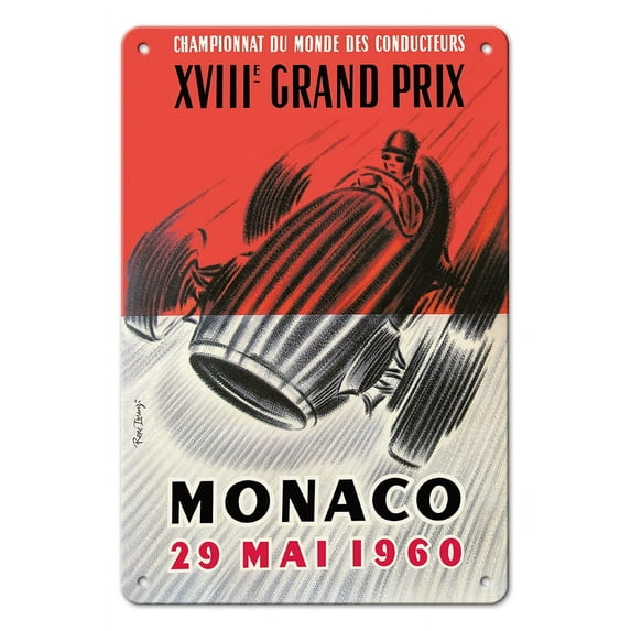 18th Monaco Grand Prix 1960 - Formula One Race Cars - Vintage Car Racing Poster by René Lorenzi - 8 x 12 inch Vintage Metal Tin Sign
