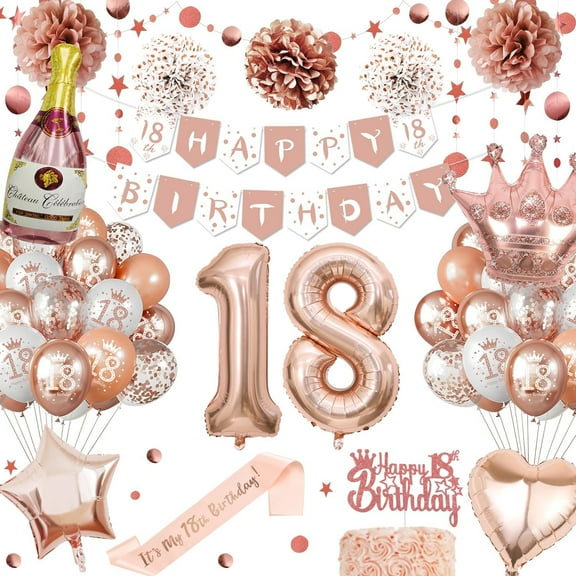 18th Rose Gold Birthday Party Decorations,18th Rose Gold Balloon Birthday Set, Paper Pom Poms, Crown Balloons for Girls Princess 18th Birthday Party Supplies