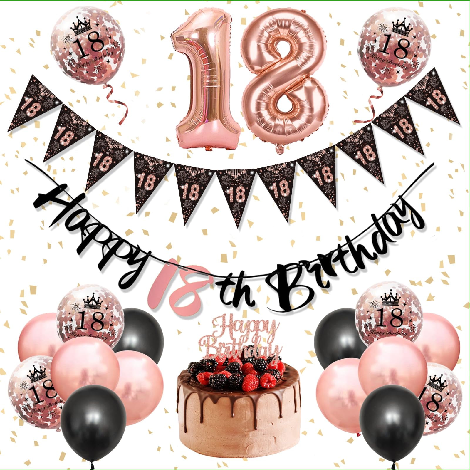 18th Roses Design 18th Rose Gold and Black Birthday Party Decorations,18th Balloons Set ...
