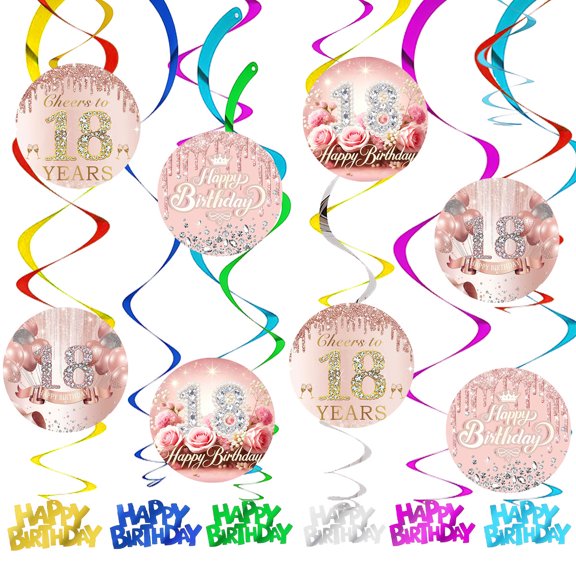 18th Rose Gold Glitter Theme Party Decorations Hanging Swirl Sign Whirls Birthday Streamer Ceiling Decor Supplies 14 pcs