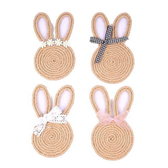 18x10.5cm Easter Bunny Flax Rope Coaster Handwoven Rabbit-Shaped Table Mat Heat Resistant Rustic Coffee Mug Pad for Spring Kitchen Home Party Decor Khaki