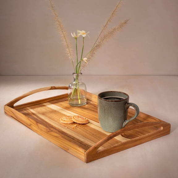 18x11 Inch Teak Wood Serving Tray with Handles, Handmade Rectangular Decorative Tray