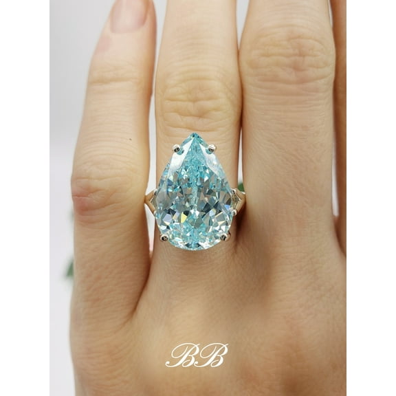 18x12mm Light Paraiba Blue, Pear Cut Solitaire Ring, 5A Quality Cubic Zirconia, Sterling Silver, Made to Order