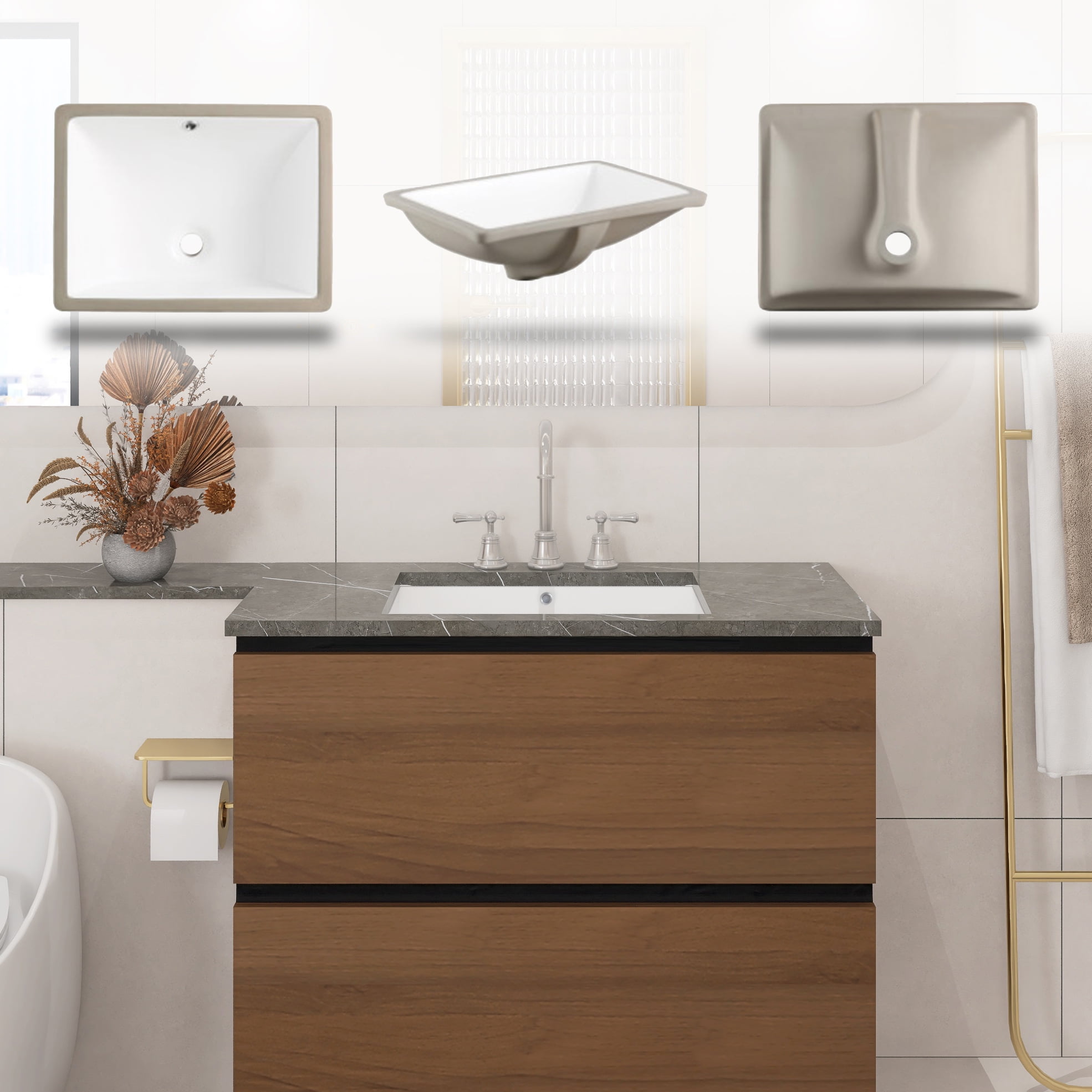 18x13 Inch Under-Mount Ceramic Rectangle Bathroom Vanity Sink with ...