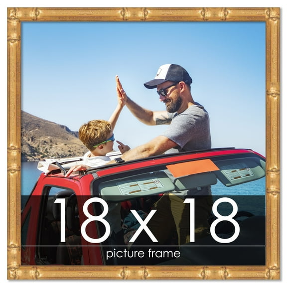 18x18 Gold Thin Bamboo Picture Frame - UV Acrylic, Foam Board Backing, Hanging Hardware