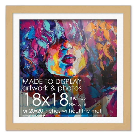 18x18 Frame Natural With White Picture Mat For 18x18 Print - Or 20x20 Art Without the Photo Mat -