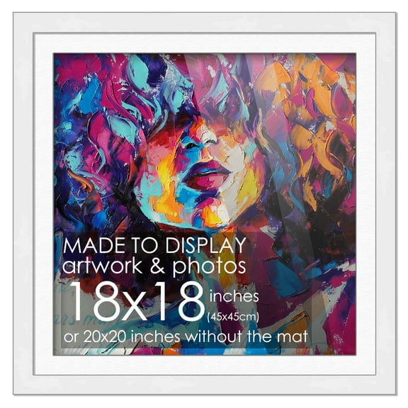 18x18 Frame White With White Picture Mat For 18x18 Print - Or 20x20 Art Without the Photo Mat -