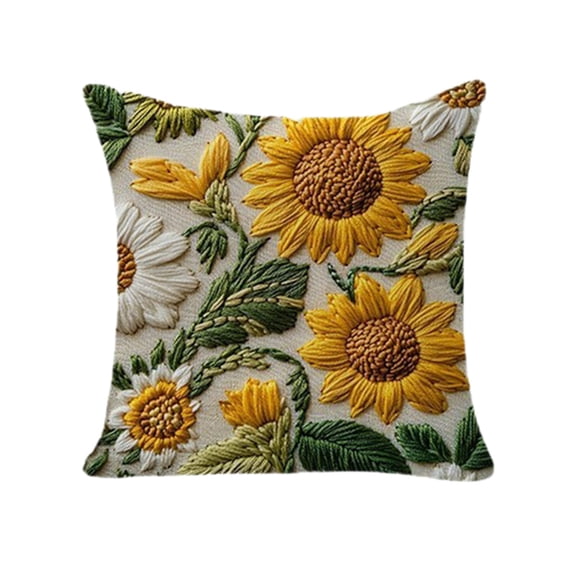 18x18" Imitation Embroidered Sunflower & Daisy Throw Pillow Cover, Bright Floral Reactive Dyeing Design for Sofa, Bed, Patio (A)
