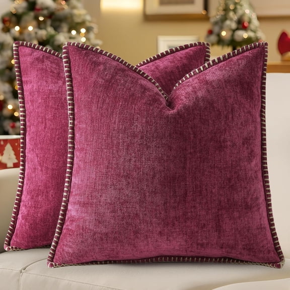 18x18 Inch Decorative Throw Pillow Cover Set, Soft Chenille Fabric, Textured Solid Design with Contrast Trim, Comfortable Accent for Sofa Couch or Bed, Hidden Zipper, 2 Pack