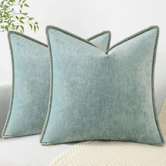 18x18 Inch Decorative Throw Pillow Cover Set, Soft Chenille Fabric, Textured Solid Design with Contrast Trim, Comfortable Accent for Sofa Couch or Bed, Hidden Zipper, 2 Pack
