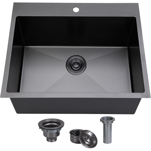18x18 Inch Drop In Black Bar Sink, 18 Inch Gunmetal Black Small Kitchen Sink, Stainless Steel 16 Gauge Single Bowl Laundry Prep RV Sink with Strainer Drain