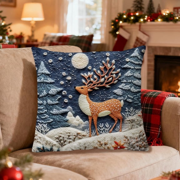 18x18 Inch Embroidered Christmas Pillow Cover, Linen Holiday Sofa Decor Pillow Case with Snowman/Reindeer Winter Scene, Festive Home Christmas Decoration