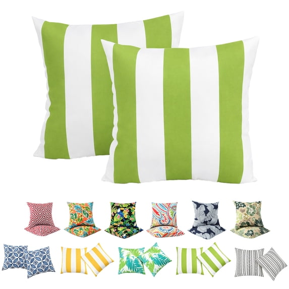 18x18 Inch Outdoor Throw Pillows Set of 2, Waterproof & Fade-Resistant, Square Decorative Cushion For Patio Furniture, All Weather Outdoor Pillows (Green White Stripes)
