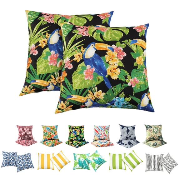 18x18 Inch Outdoor Throw Pillows Set of 2, Waterproof & Fade-Resistant, Square Decorative Cushion For Patio Furniture, All Weather Outdoor Pillows (Tropical Flower Bird)