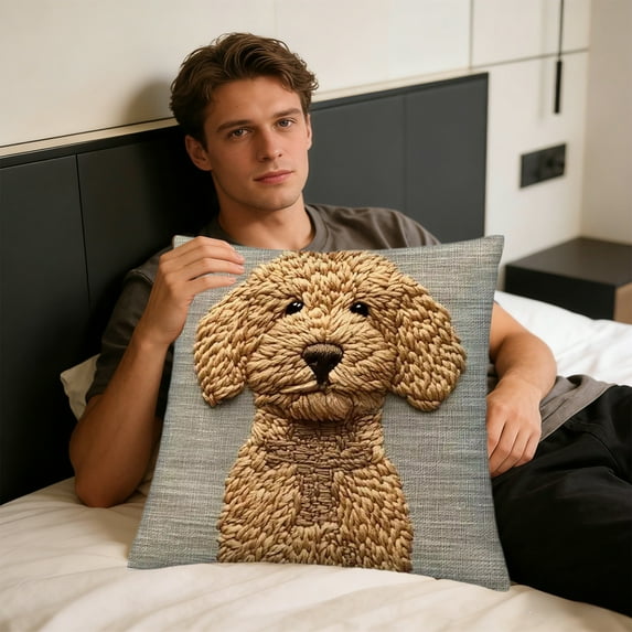 18x18 Inch Pet Pillow Cover, Faux Embroidery Dog and Cat Design Polyester Throw Pillow Case for Sofa Couch Living Room Decor, Machine Washable Gift for Pet Lovers