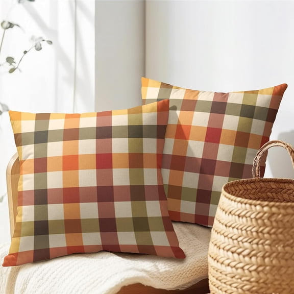 18x18 Inch Set of 2 Single-sided printed envelope-style imitation linen pillowcase, Fall Plaid Pillow Covers Colorful Plaid Decorative Outdoor Throw Pillow Covers Famliy Decoration for Home Living Ro