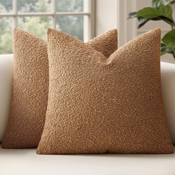 18x18 Inch Textured Boucle Throw Pillow Covers Set of 2 Neutral Brown Tobacco Accent Decorative Pillowcases for Sofa Couch Bed