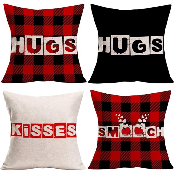 18x18 Inch Throw Pillow Covers Kisses Smooch Pillow Case Valentine''s Day Decorative Pillow Covers Red Buffalo Grid Modern Pillow Cover Cotton Linen Home Cushion Cover for Sofa (18 Inch)