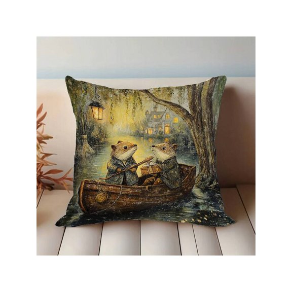 18x18 Inches Decorative Throw Pillow, Willow Tree & Otters Boat Scene, Woven Polyester, Zip Closure, Machine Washable