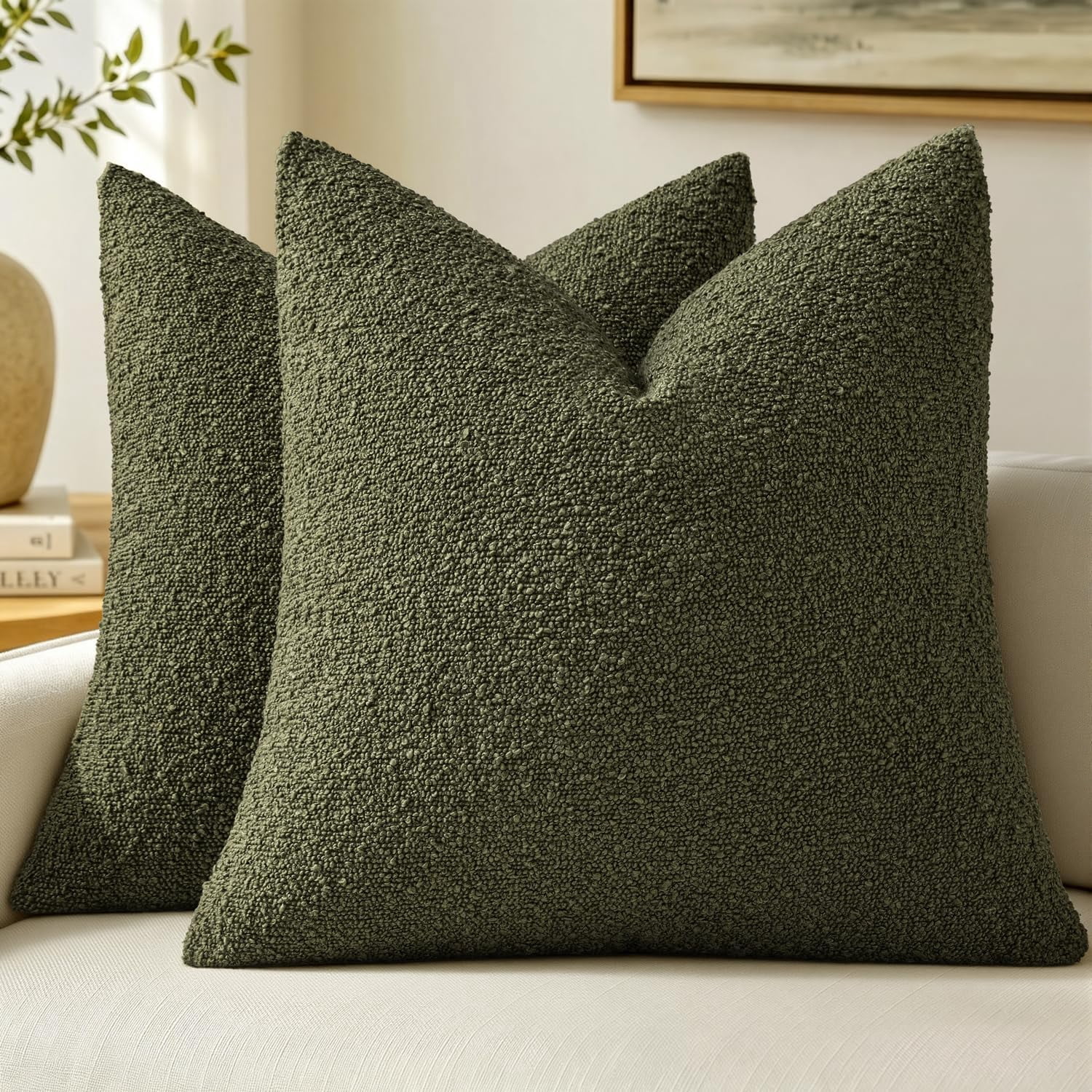 Throws Texture 18x18 Moss Green Boucle Throw Pillow Covers Set of 2 Textured Neutral ...