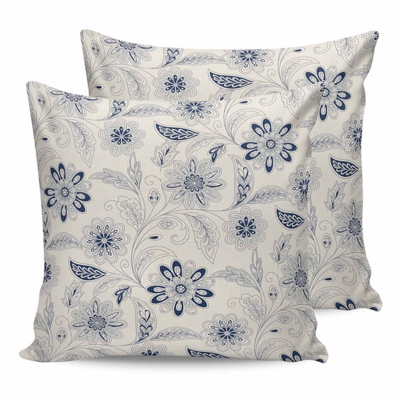 18x18 Pillow Covers Set of 2, Blue Flower Vintage Throw Pillow Covers Decorative Couch Cushion Case, Abstract Ethnic Floral Pastoral Microfiber Square Pillowcases for Bedroom Car Living Room