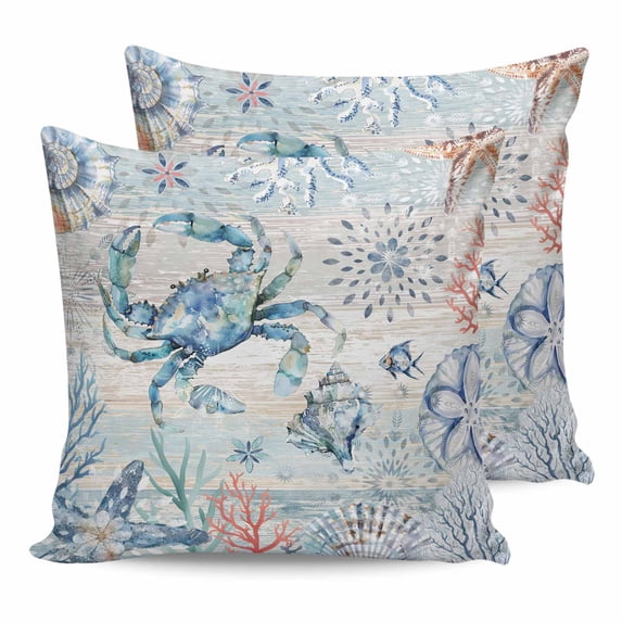 18x18 Pillow Covers Set of 2, Coastal Crab Throw Pillow Covers Decorative Couch Cushion Case, Nautical Beach Ocean Conch Coral Starfish Microfiber Square Pillowcases for Bedroom Car Living Room