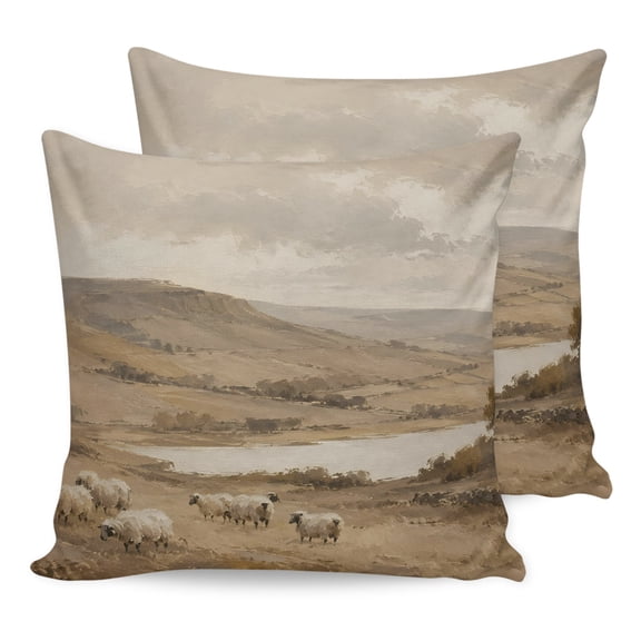 18x18 Pillow Covers Set of 2, Farmhouse Sheep Throw Pillow Covers Decorative Couch Cushion Case, Fall Grassland Rustic Hills Lake Landscape Microfiber Square Pillowcases for Bedroom Car Living Room