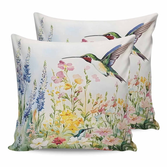 18x18 Pillow Covers Set of 2, Floral Hummingbird Throw Pillow Covers Decorative Couch Cushion Case, Spring Watercolor Flowers Microfiber Square Pillowcases for Bedroom Car Living Room