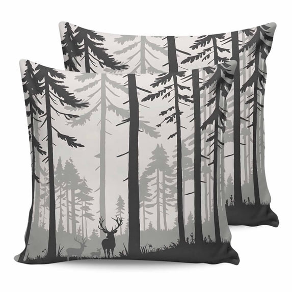 18x18 Pillow Covers Set of 2, Misty Forest Throw Pillow Covers Decorative Couch Cushion Case, Pine Trees Elk Vintage Pastoral Gray Microfiber Square Pillowcases for Bedroom Car Living Room