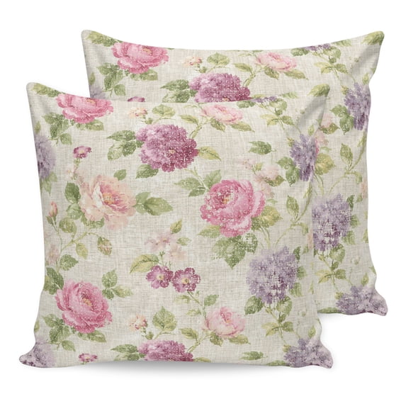 18x18 Pillow Covers Set of 2, Pink Purple Vintage Floral Throw Pillow Covers Decorative Couch Cushion Case, Hydrangea Botanical Elegant Microfiber Square Pillowcases for Bedroom Car Living Room