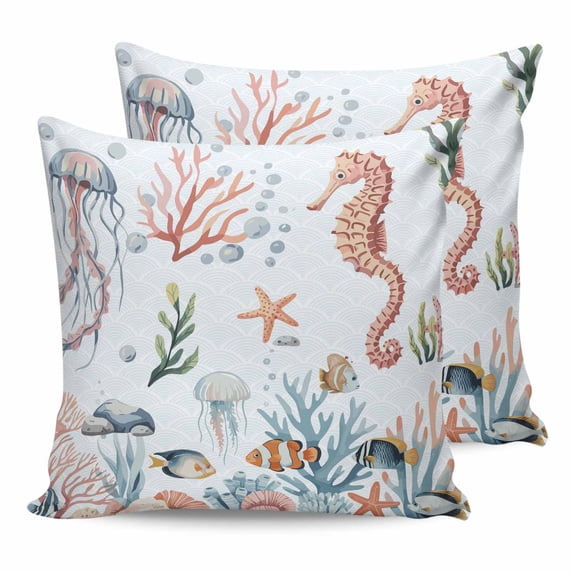 18x18 Pillow Covers Set of 2, Seahorse Coastal Throw Pillow Covers Decorative Couch Cushion Case, Summer Beach Ocean Shell Jellyfish Starfish Microfiber Square Pillowcases for Bedroom Car Living Room