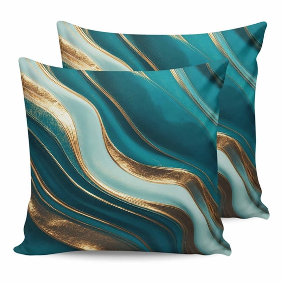 18x18 Pillow Covers Set of 2, Teal Marble Throw Pillow Covers Decorative Couch Cushion Case, Modern Abstract Gold Fluid Art Microfiber Square Pillowcases for Bedroom Car Living Room