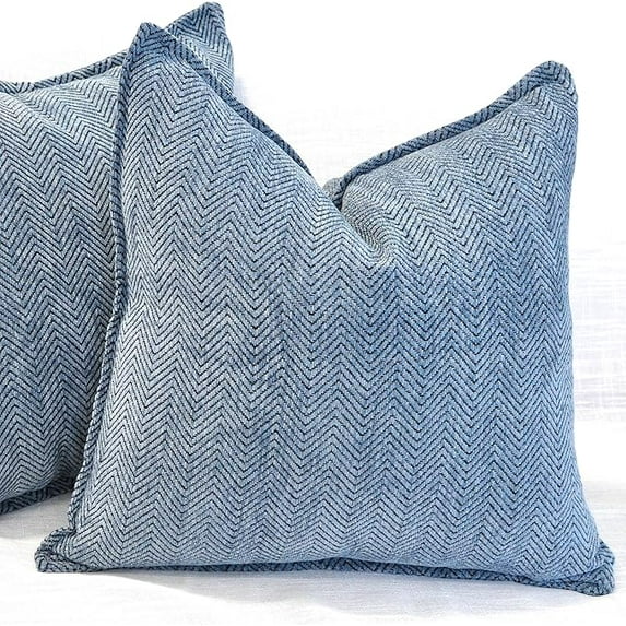 18x18 Pillow Covers Set of 2 Dusty Blue Chevron Pattern / Soft Cozy Chenille Cushion Covers