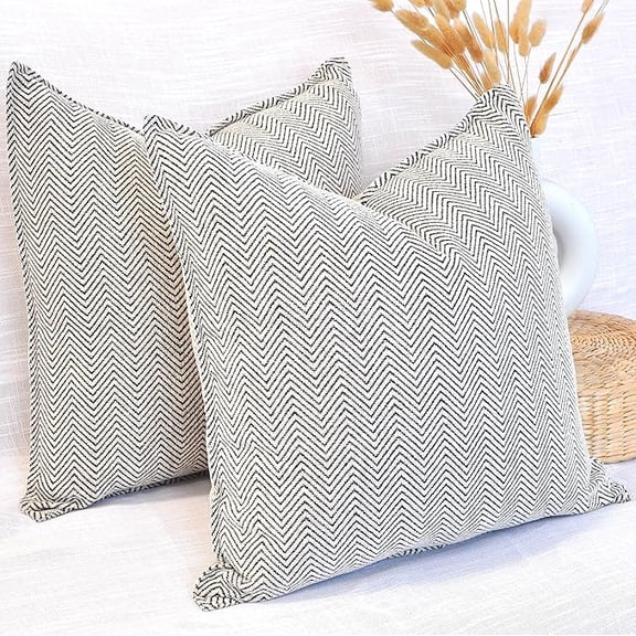 18x18 Pillow Covers Set of Black & White Chevron Pattern / Soft Cozy Chenille Cushion Covers