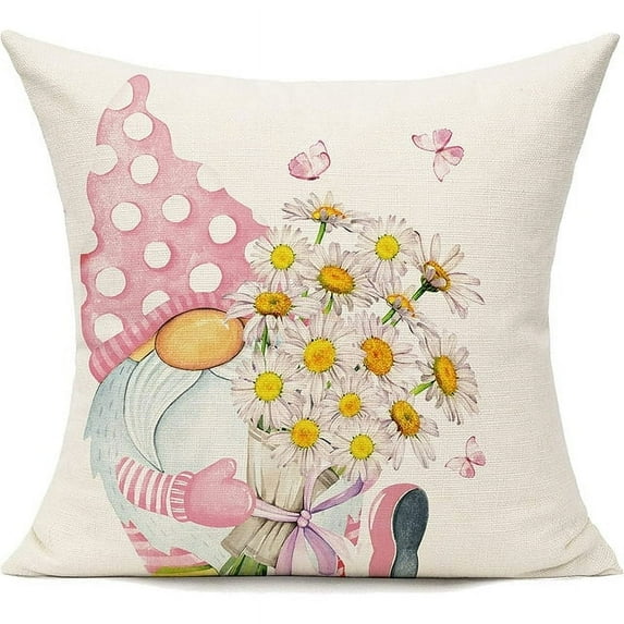 18x18 Set of 4 All Smiles Outdoor Green Spring Throw Pillow Covers Summer Decorative Cushion Cases Home Décor Flower Decorations for Patio Couch Chair Sofa,Daisy Floral Gnomes