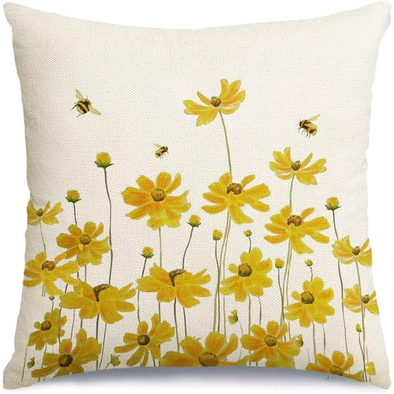 18x18 Spring Summer Decorations for Home,Small Yellow Pillow Decorative Throw Pilow Covers for Couch,Daisy Bee Farmhouse Outdoor Cushion Case for Sofa Mustard Square Throw Pillow