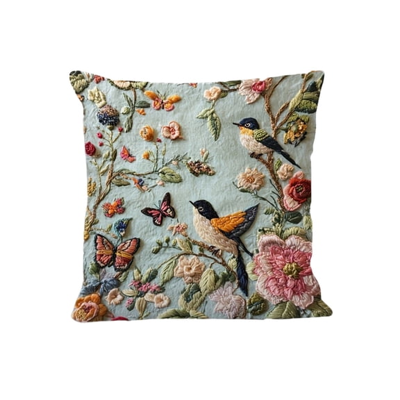 18x18" Vintage Embroidered Floral & Bird Throw Pillow, Rustic Style Botanical & Avian Design, Soft Decorative Cushion for Living Room, Bedroom, Sofa