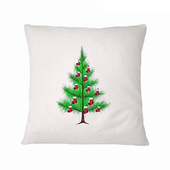 18x18 in ZILE Christmas Pine Tree With Christmas Stockings Hand-drawn Doodle Style Playful Linework Polyester Decorative Pillow Cover, Double Sided