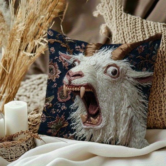 18x18 inch Funny Goat Decorative Throw Pillow Covers, Animal Embroidery Square Pillowcase for Living Room, Bed Decor, Patio, Car, 2D Printed Style