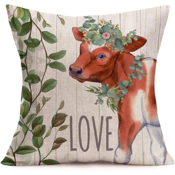 18x18Inch Rustic Farmhouse Adorable Animals Cow Throw Pillow Covers Vintage Wood Cattle Love Words Floral Green Leaves Cotton Linen Pillowcase Decor Cushion Cover Home Sofa (FA-Cow)