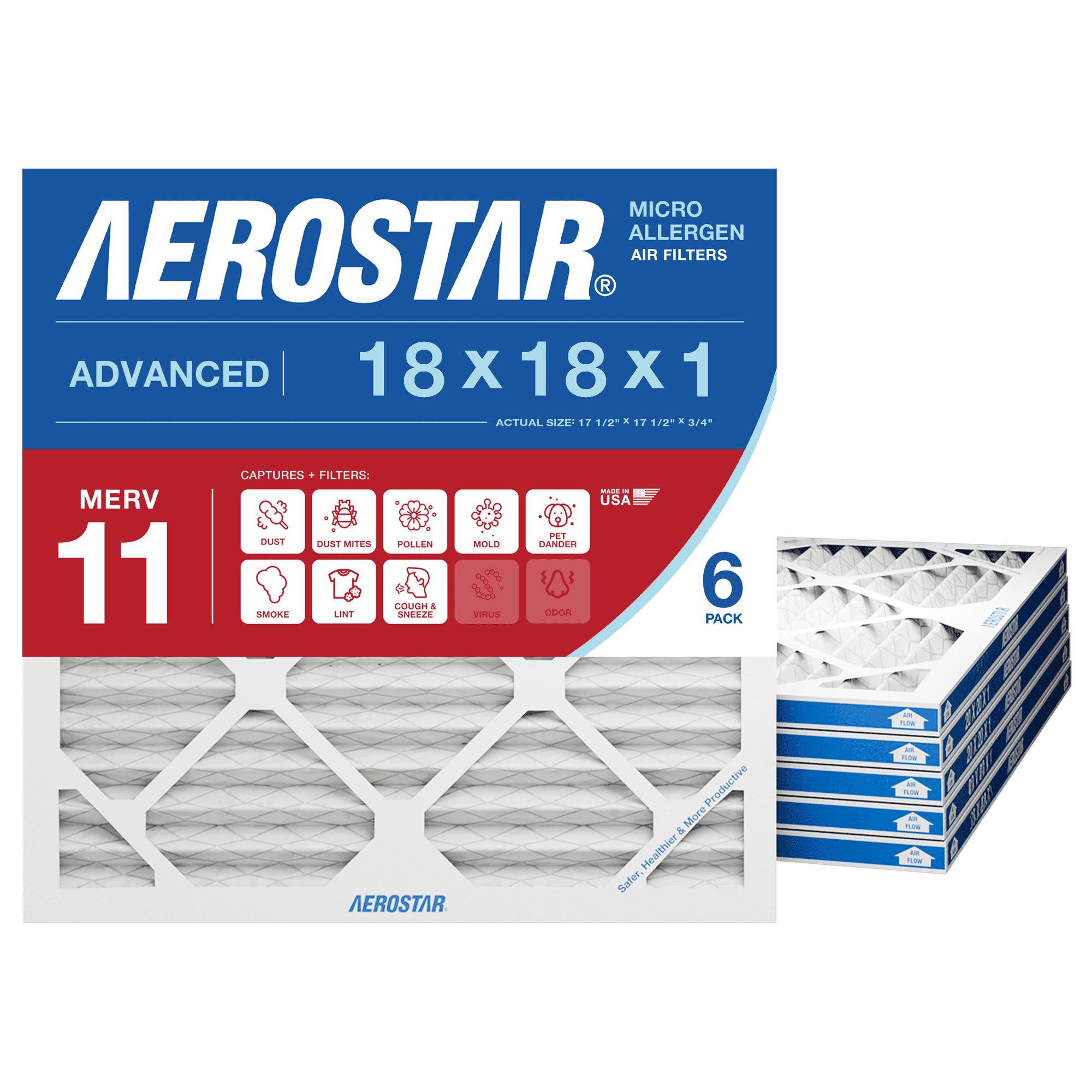 Aerostar 18x18x1 MERV 11 Air Filter, Pleated AC Furnace HVAC, Pet Dander Mold Smoke, 6 Pack