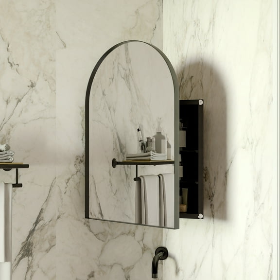 18x24 Inch Metal Corner Medicine Cabinet with Arched Mirror,Adjustable Glass Shelves,Space-Saving Bathroom Storage Organizer for Small Spaces,Matte Black