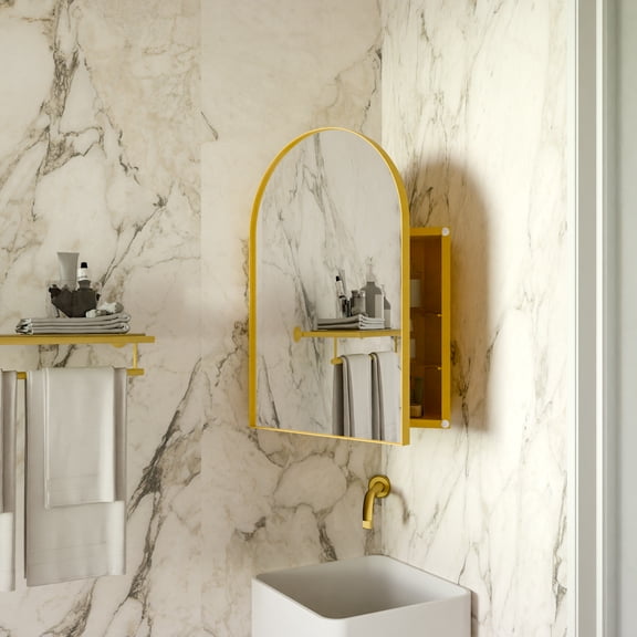 TheEshow Medicine Cabinet Arched Mirror Matte Gold Corner Adjustable Glass Shelves Metal 2 Shelves 18x24 Inch