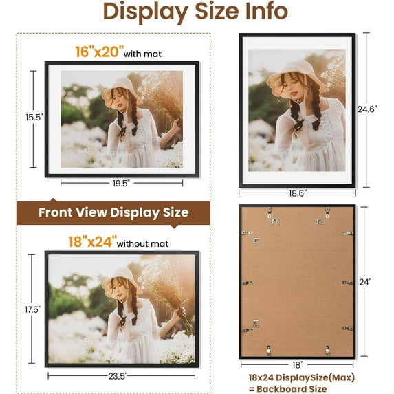 18x24 Picture Frame Set of 5, Display 16x20 with Mat or 18x24 without Mat, Black Photo Frames for Tabletop or Wall Mount