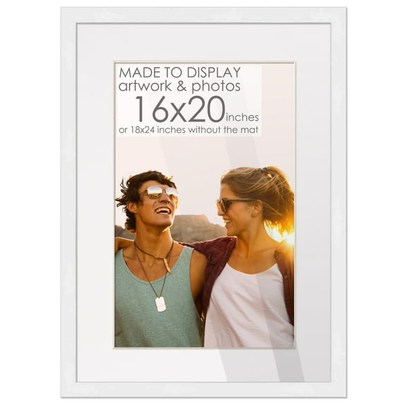 18x24 White Picture Frame with 15.5x19.5 White Mat Opening for 16x20 Image, 0.75 Inch Border, UV