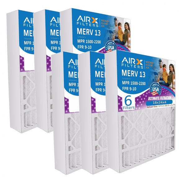 18x24x4 Air Filter MERV 13 Comparable to MPR 1500 - 2200 & FPR 9 Electrostatic Pleated Air Conditioner Filter 6 Pack HVAC AC Premium USA Made 18x24x4 Furnace Filters by AIRX FILTERS WICKED CLEAN AIR.