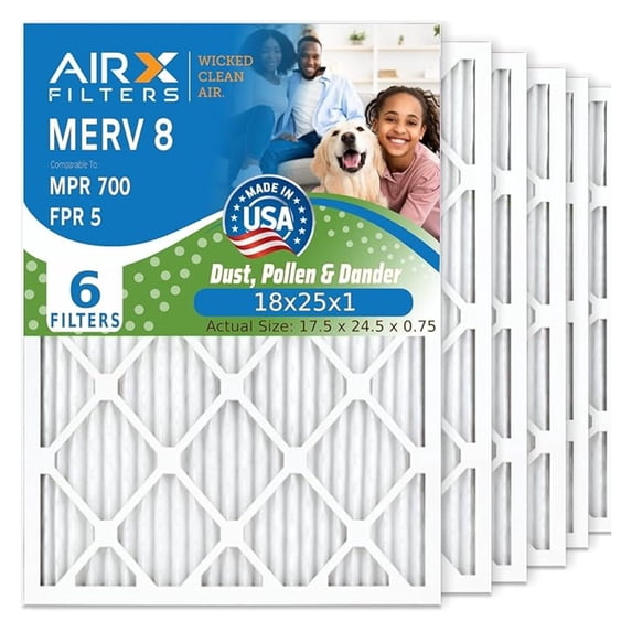 18x25x1 Furnace Filter MERV 8 Electrostatic Pleated Replacement HVAC Air Filter with Advanced Filtration Technology, 6-Pack