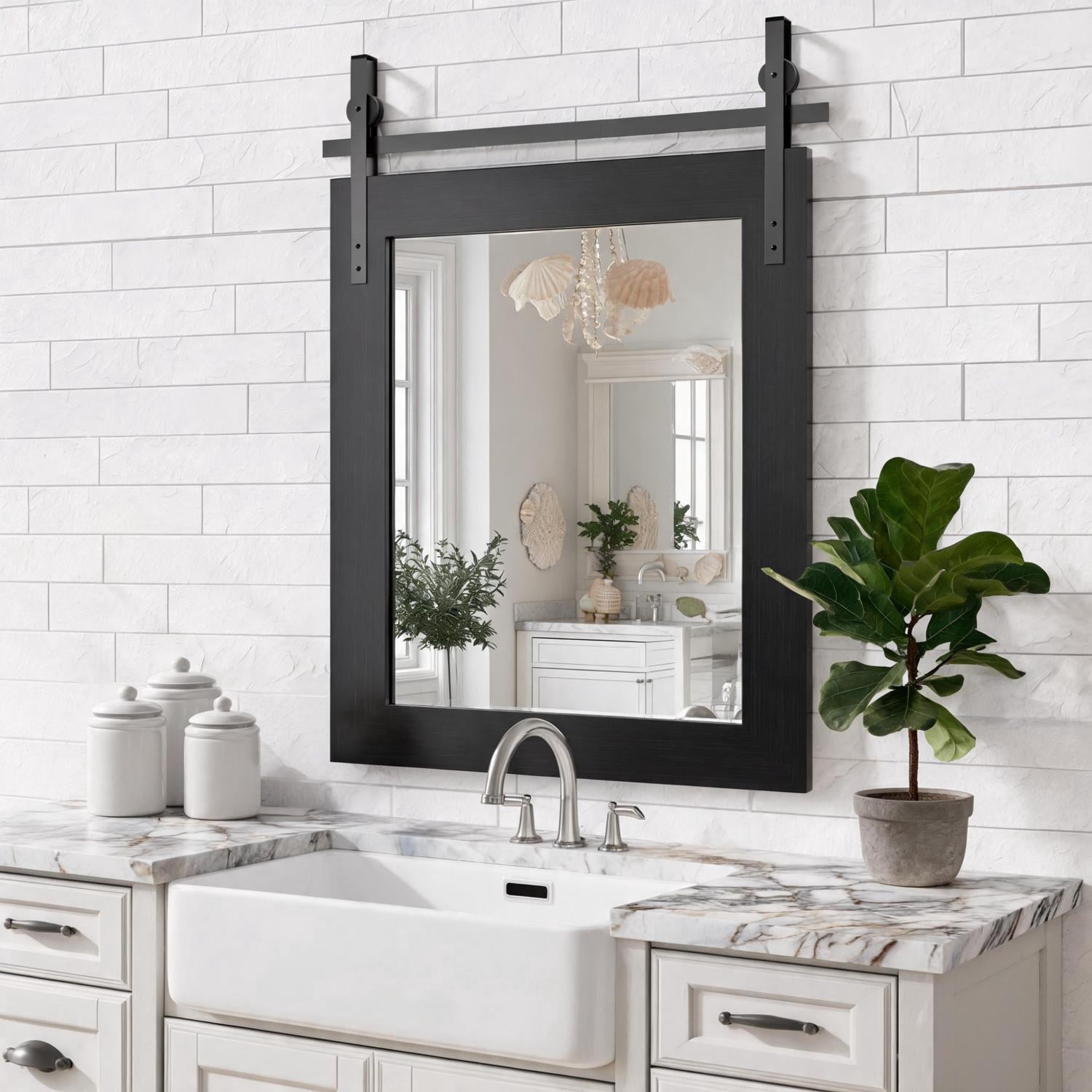 18x26-Inch Farmhouse Bathroom Mirror with Faux Wood Grain Frame, Rustic Wall Mounted Vanity Mirror and Decorative Mirror for Bathroom, Black