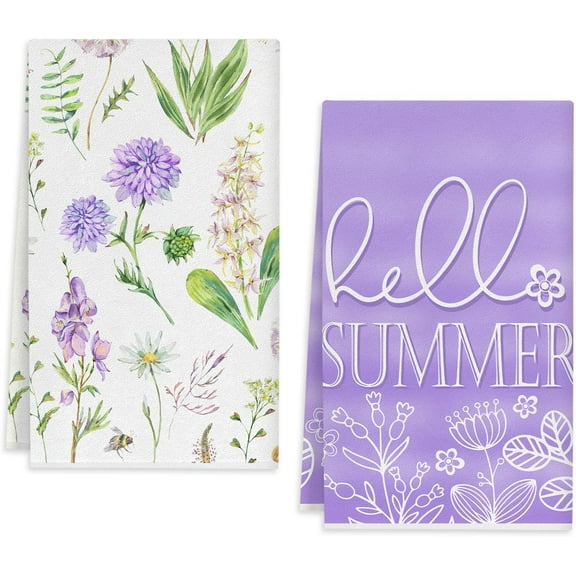 18x26 Inch Spring Floral Dandelion Lavender Kitchen Towels Set of 2, Hello Summe Holiday Decorations Hand Towels Baking Dishcloths Super Absorbent Quick Drying Kitchen Dish Towels