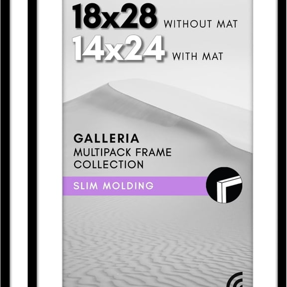18x28 Picture Frame with Polished Plexiglass - Set of 2 - Use as 14x24 Frame with Mat or Display 18x28 Photo Without Mat - Galleria Collection - Picture Frames for Wall Display - Black
